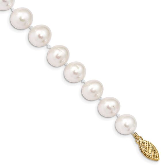 14k Yellow Gold 9-10mm White Near Round Freshwater Cultured Pearl Bracelet
